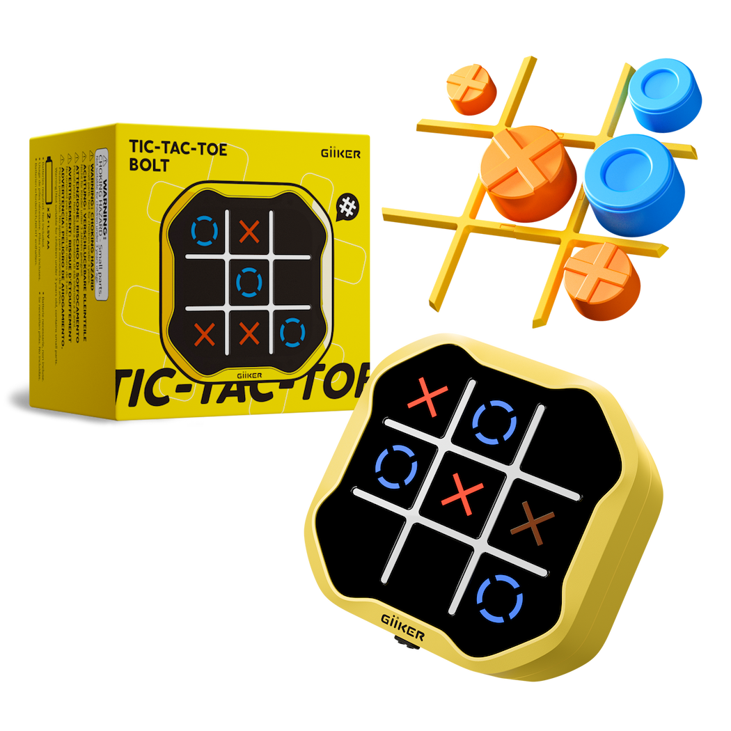 Tic-tac-toe board game with pieces and packaging on a white background