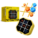 Tic-tac-toe board game with pieces and packaging on a white background