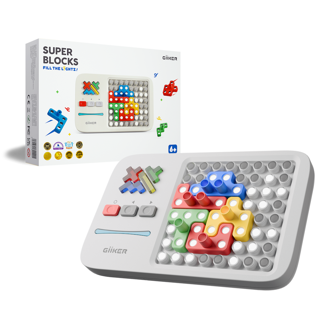 Super Blocks toy with colorful block pieces on a white background