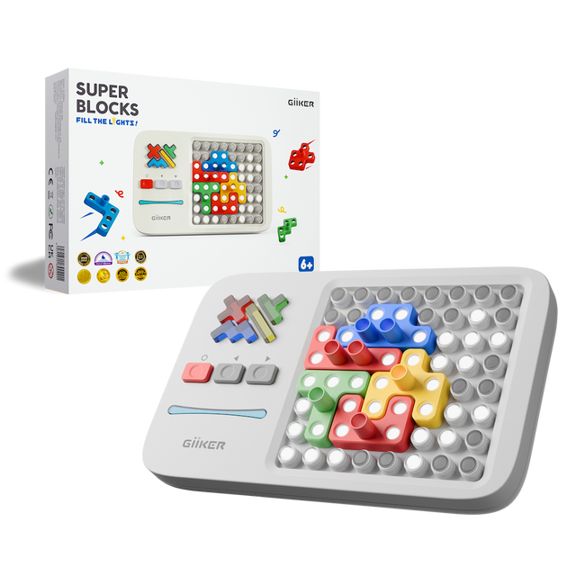 Super Blocks toy with colorful block pieces on a white background